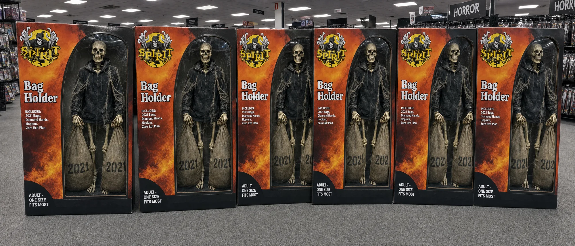 Six identical Bag Holder costume boxes in a row on a store floor. Every box is still there.