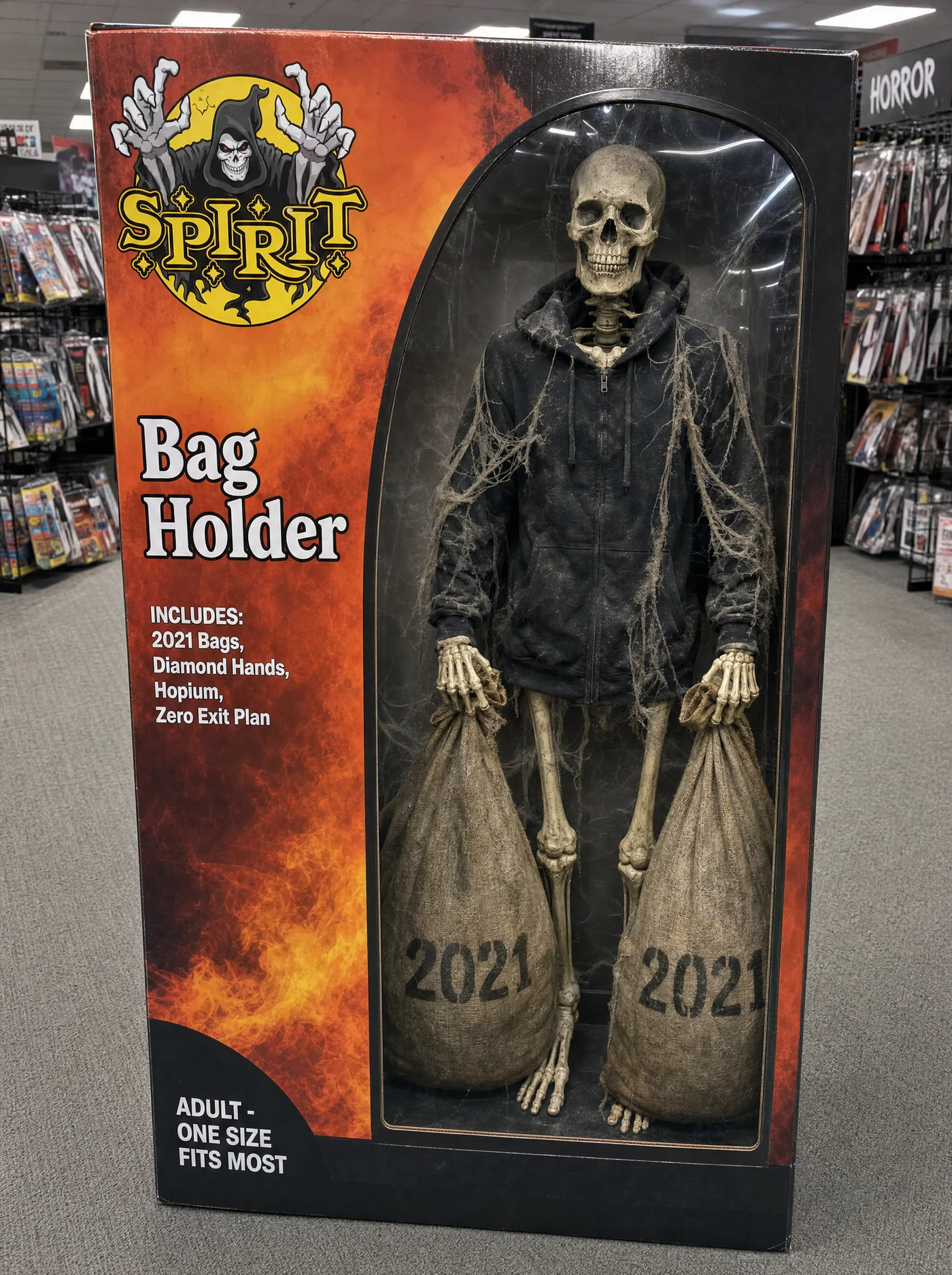 The costume box: Bag Holder, adult, one size fits most. Behind the window, the skeleton in his hoodie, covered in cobwebs, holding both 2021 sacks.