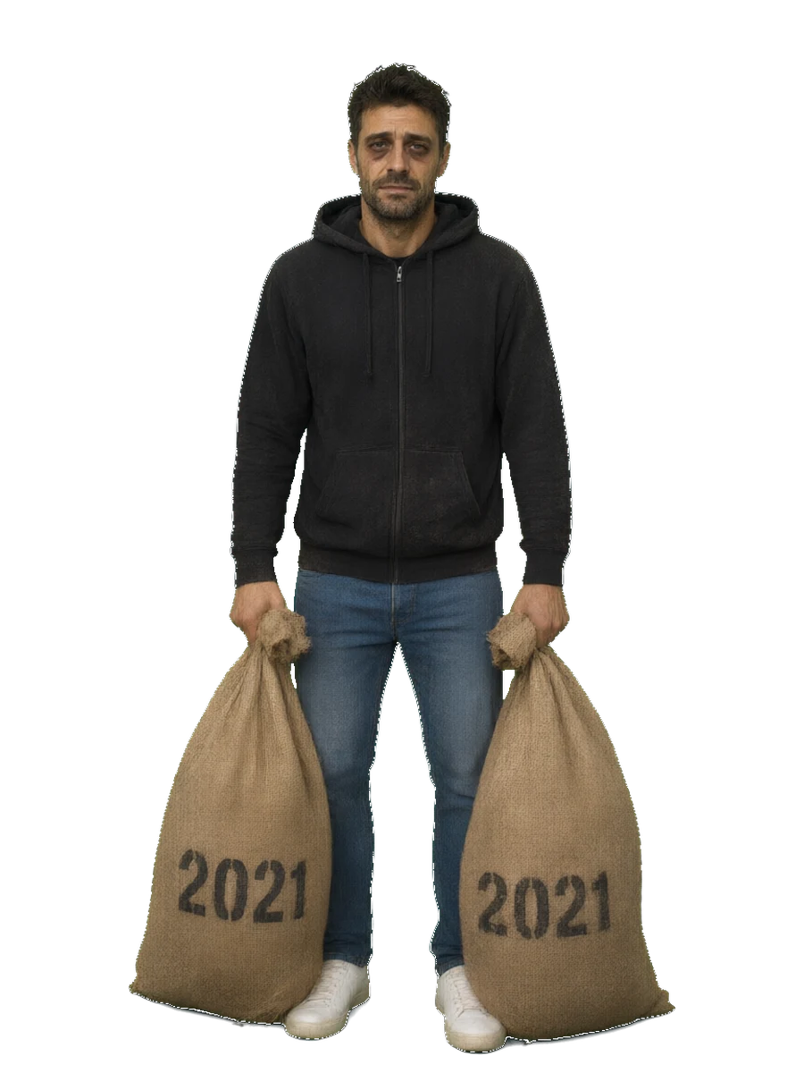 2022: the same man, tired, hoodie creased, still holding both sacks.