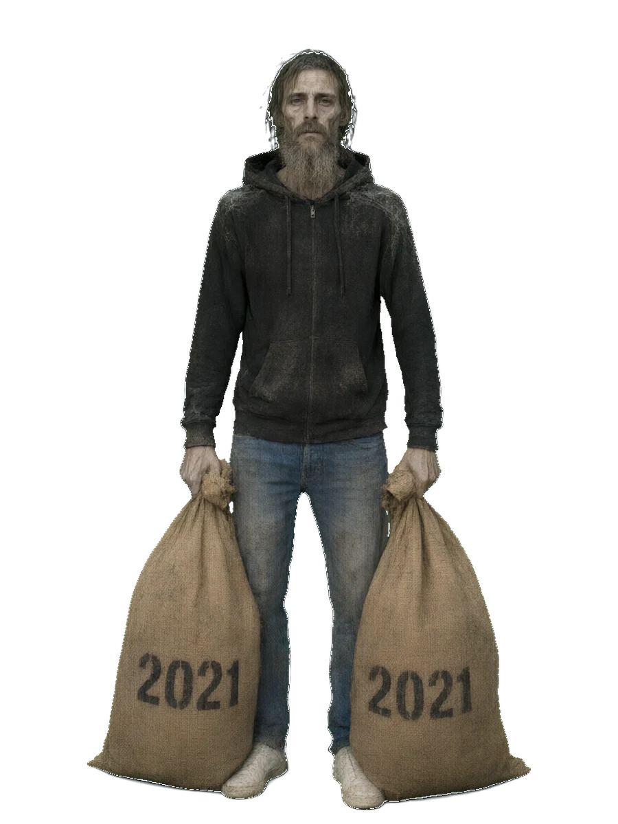 2024: gaunt and bearded, the hoodie hanging off him, still gripping the sacks.
