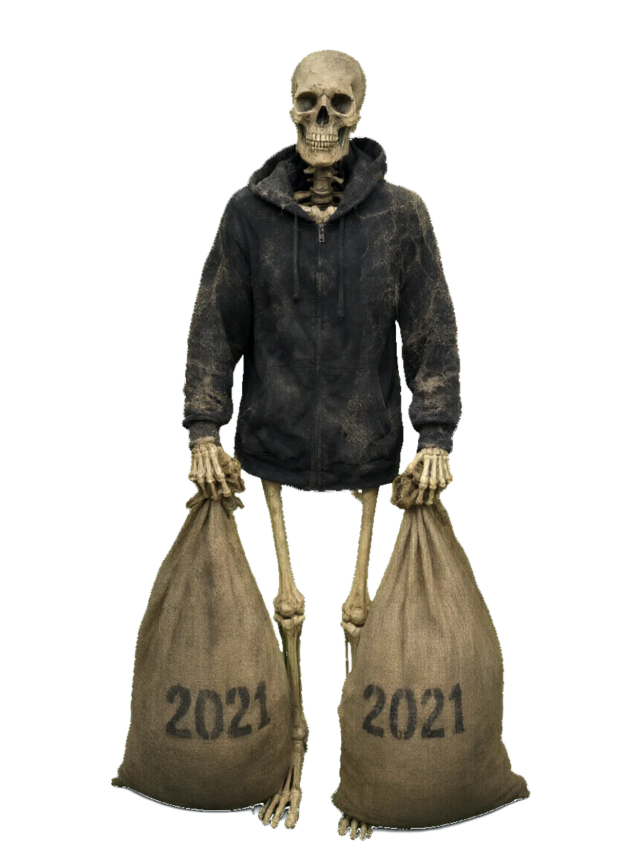 2026: a skeleton in a dusty hoodie, bony hands still closed around the two 2021 sacks.